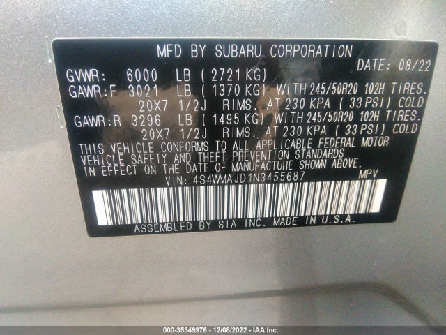 2022 Subaru Ascent, VIN: 4S4WMAJD1N3455687
