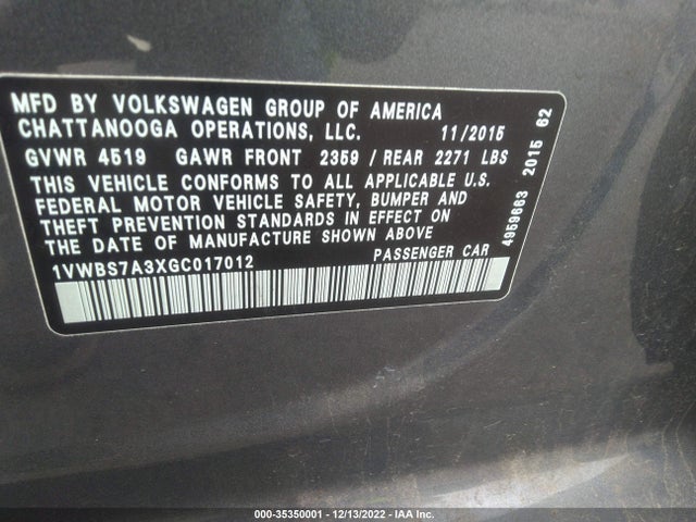 2016 VOLKSWAGEN PASSAT 1.8T SE W/TECHNOLOGY VIN: 1VWBS7A3XGC017012