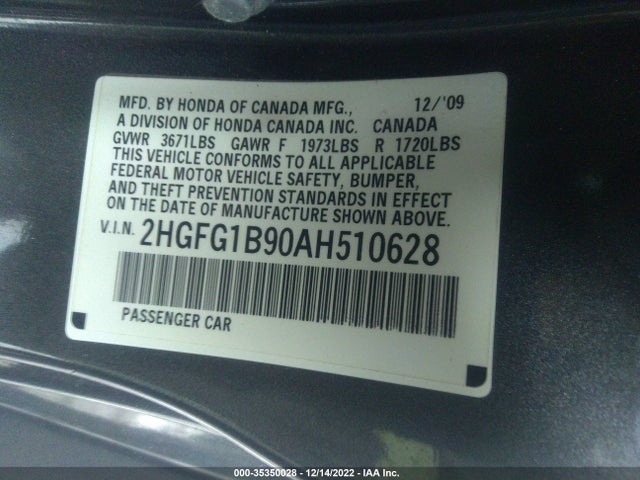 2010 HONDA CIVIC CPE EX-L VIN: 2HGFG1B90AH510628