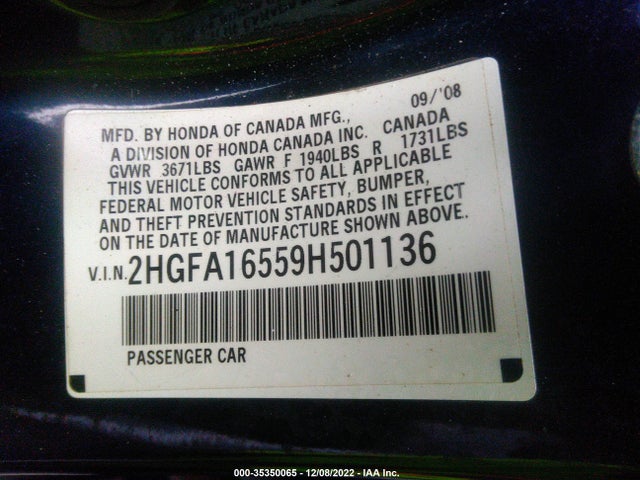 2009 HONDA CIVIC SDN LX VIN: 2HGFA16559H501136