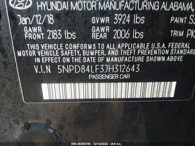 2018 HYUNDAI ELANTRA SEL VIN: 5NPD84LF3JH312643