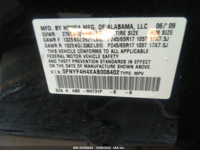 2010 HONDA PILOT EX VIN: 5FNYF4H4XAB008402