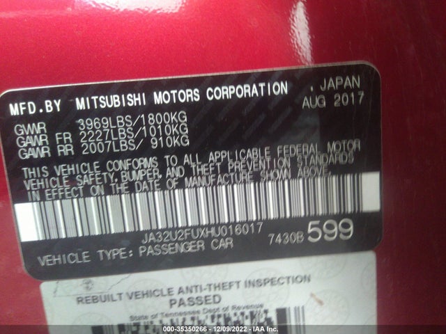 JA32U2FUXHU016017 Mitsubishi Lancer Es/le