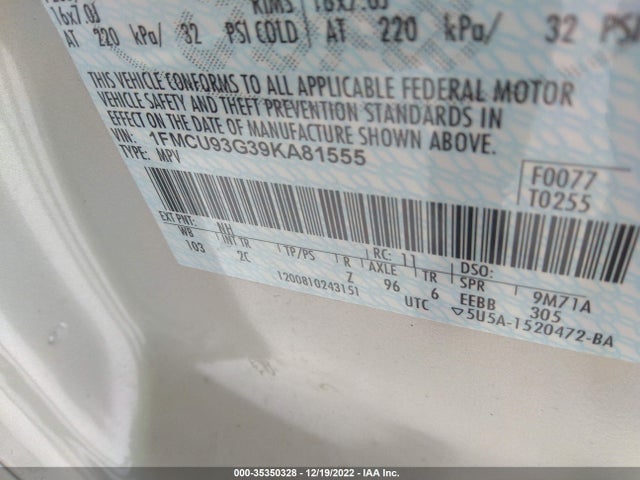 2009 FORD ESCAPE XLT VIN: 1FMCU93G39KA81555