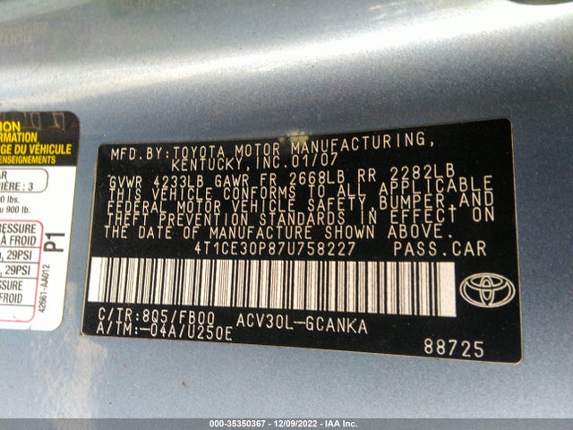 2007 TOYOTA CAMRY SOLARA SE/SE SPORT/SLE VIN: 4T1CE30P87U758227