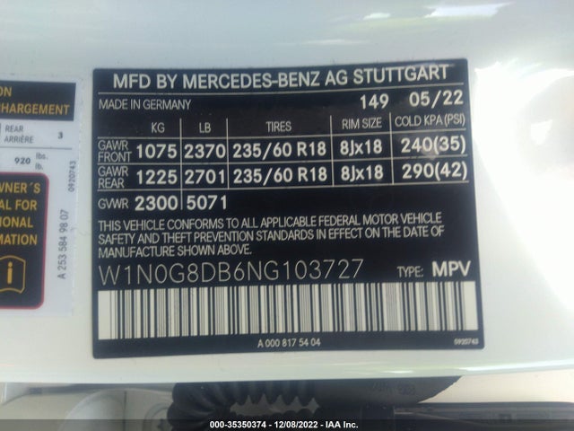 2022 Mercedes-Benz GLC-Class, VIN: W1N0G8DB6NG103727