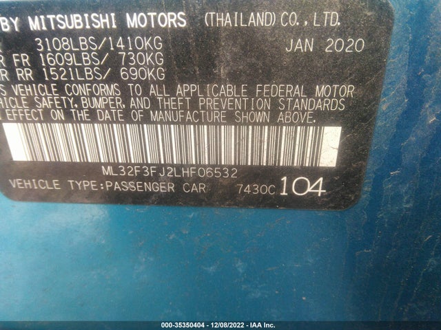 2020 MITSUBISHI MIRAGE G4 ES VIN: ML32F3FJ2LHF06532