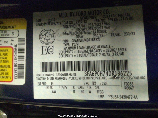 2013 FORD FUSION SE VIN: 3FA6P0H74DR186225