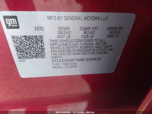 Chevrolet MALIBU RS 2022 1G1ZG5ST6NF103475 Image 9