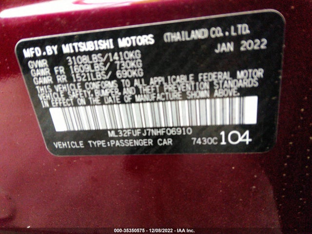 2022 Mitsubishi Mirage, VIN: ML32FUFJ7NHF06910