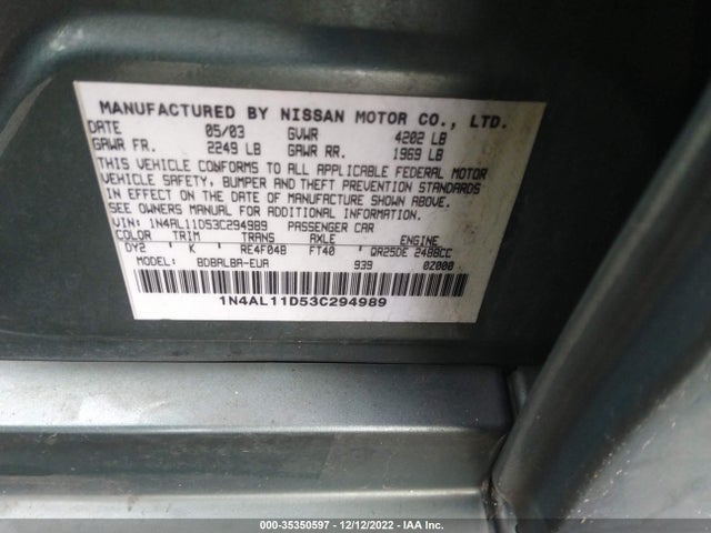2003 NISSAN ALTIMA S VIN: 1N4AL11D53C294989