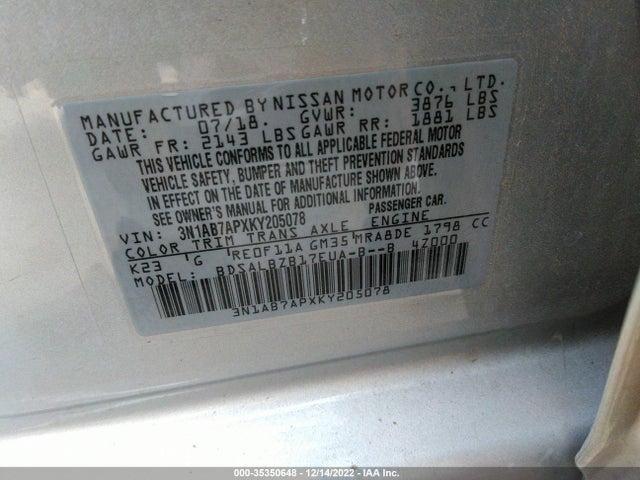 Nissan SENTRA S 2019 3N1AB7APXKY205078 Image 9