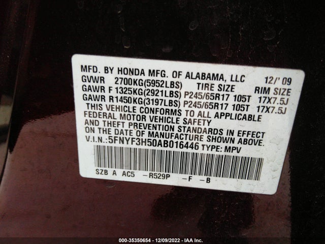 Honda Pilot Ex-l 2010 5FNYF3H50AB016446 Image 10
