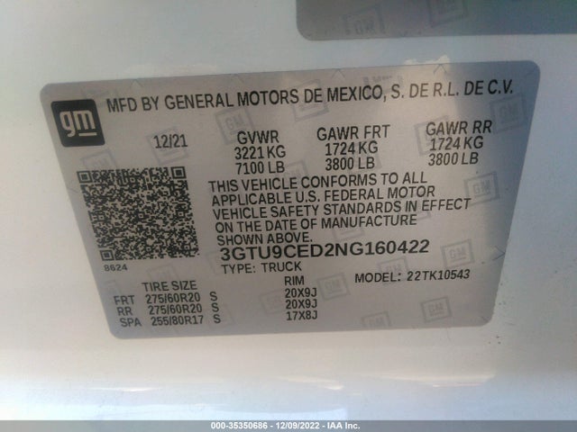 2022 GMC Sierra 1500, VIN: 3GTU9CED2NG160422