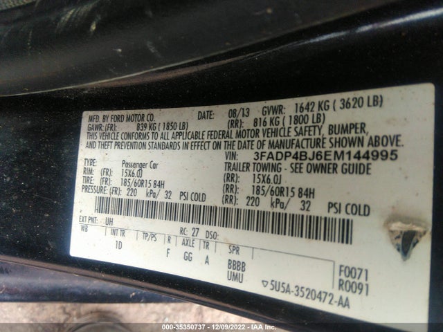 2014 FORD FIESTA SE VIN: 3FADP4BJ6EM144995