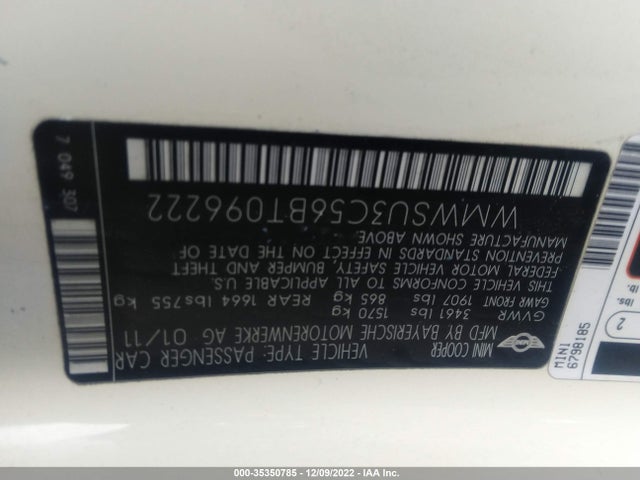 Mini COOPER HARDTOP 2011 WMWSU3C56BT096222 Image 10