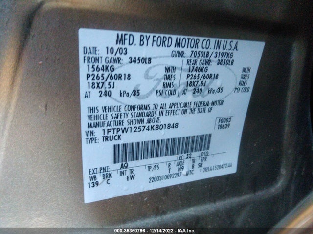 2004 FORD F-150 XLT/LARIAT VIN: 1FTPW12574KB01848
