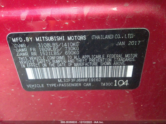 Mitsubishi MIRAGE G4 2017 ML32F3FJ6HHF19162 Image 10