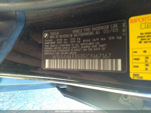 2005 BMW 5 SERIES 545I VIN: WBANB33535CN67167