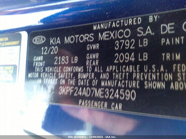 2021 KIA FORTE LXS VIN: 3KPF24AD7ME324590