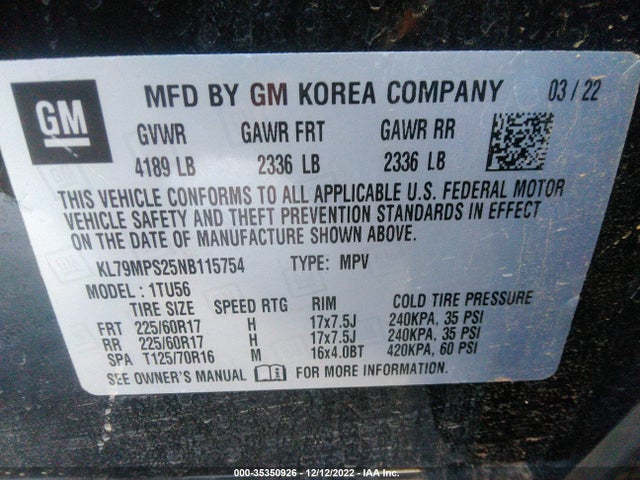 2022 Chevrolet Trailblazer, VIN: KL79MPS25NB115754