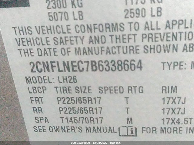 2011 CHEVROLET EQUINOX LT W/2LT VIN: 2CNFLNEC7B6338664