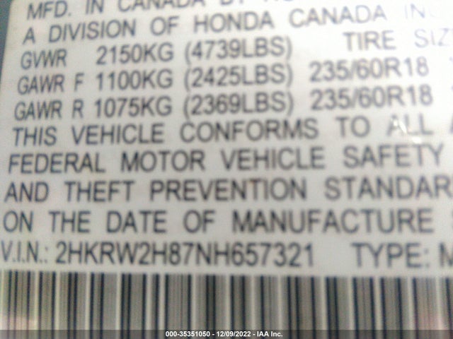 Honda Cr-v Ex-l 2022 2HKRW2H87NH657321 Image 9