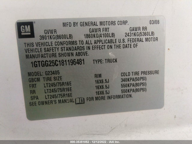 2008 GMC SAVANA CARGO VAN VIN: 1GTGG25C181196481