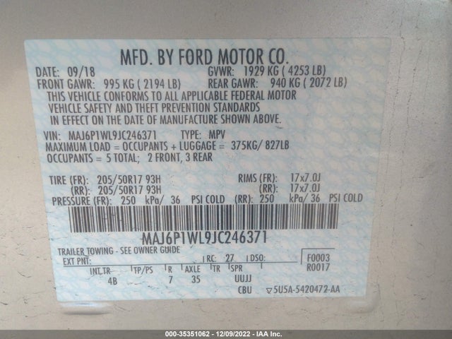 2018 FORD ECOSPORT TITANIUM VIN: MAJ6P1WL9JC246371
