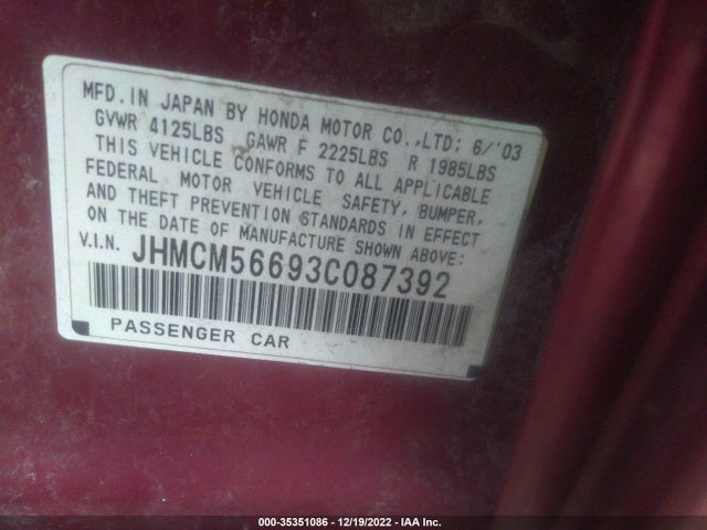 2003 HONDA ACCORD SDN EX VIN: JHMCM56693C087392