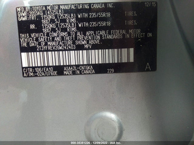 2016 Toyota RAV4, VIN: 2T3YFREV2GW242403