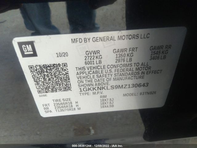 1GKKNKLS9MZ130643 GMC ACADIA SLE