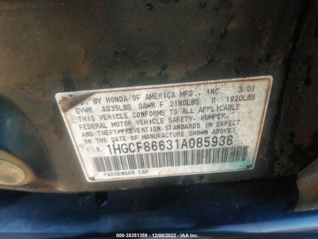 2001 HONDA ACCORD SDN VP VIN: 1HGCF86631A085936