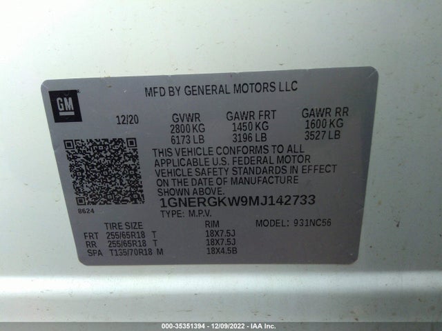 Chevrolet Traverse Lt Cloth 2021 1GNERGKW9MJ142733 Image 9