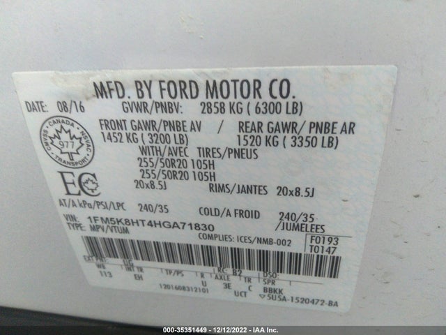 2017 FORD EXPLORER PLATINUM VIN: 1FM5K8HT4HGA71830