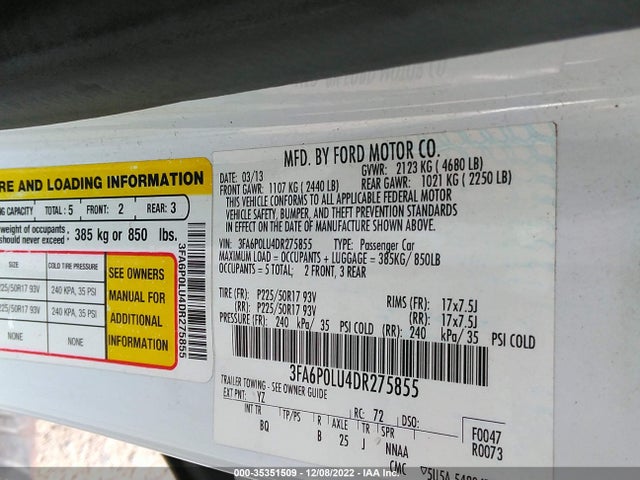 2013 FORD FUSION SE HYBRID VIN: 3FA6P0LU4DR275855