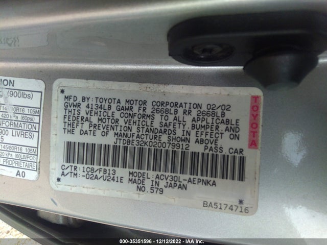 2002 TOYOTA CAMRY LE/SE/XLE VIN: JTDBE32K020079912