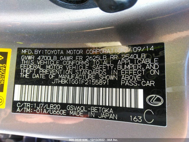 JTHBK1GG1F2155891 Lexus ES 350