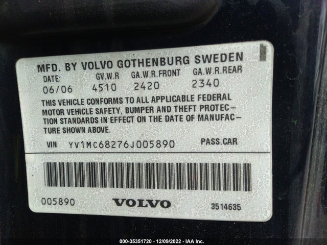 2006 VOLVO C70 VIN: YV1MC68276J005890