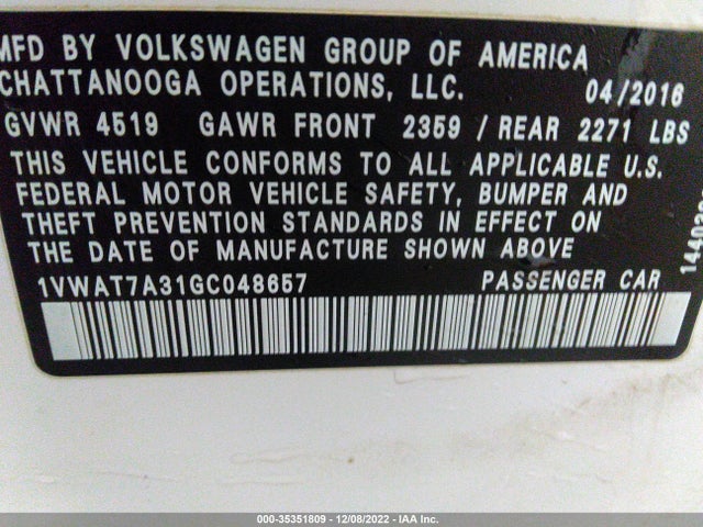 2016 VOLKSWAGEN PASSAT 1.8T S VIN: 1VWAT7A31GC048657