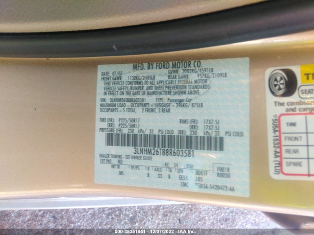Lincoln MKZ 2008 3LNHM26T88R603581 Image 10