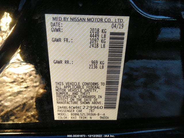 2019 NISSAN ALTIMA 2.5 SR VIN: 1N4BL4CW4KC229960
