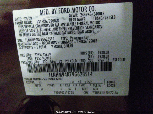 Lincoln MKS 2009 1LNHM94R79G628514 Image 11