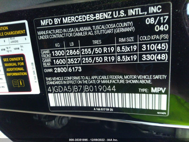 2018 Mercedes-Benz GLE-Class, VIN: 4JGDA5JB7JB019044