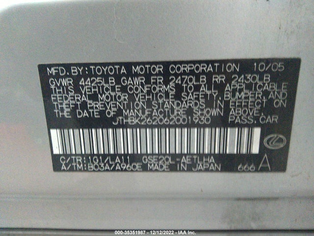 2006 LEXUS IS 250 MANUAL/AUTO VIN: JTHBK262062001930
