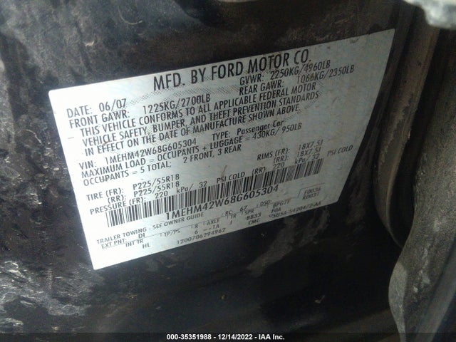 2008 MERCURY SABLE PREMIER VIN: 1MEHM42W68G605304