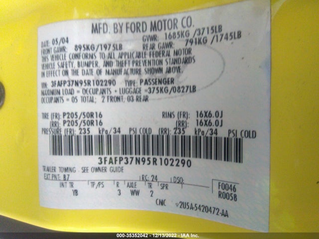 2005 FORD FOCUS S/SE/SES VIN: 3FAFP37N95R102290