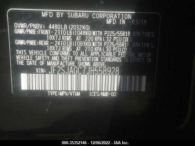 2018 SUBARU FORESTER VIN: JF2SJAGC7JH558928