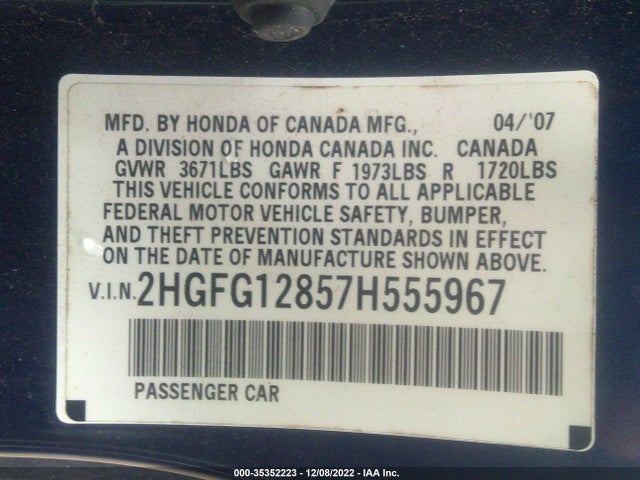 2007 HONDA CIVIC CPE EX VIN: 2HGFG12857H555967