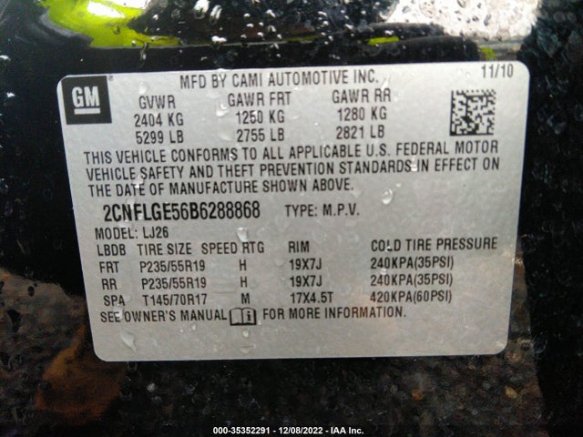 2011 CHEVROLET EQUINOX LTZ VIN: 2CNFLGE56B6288868
